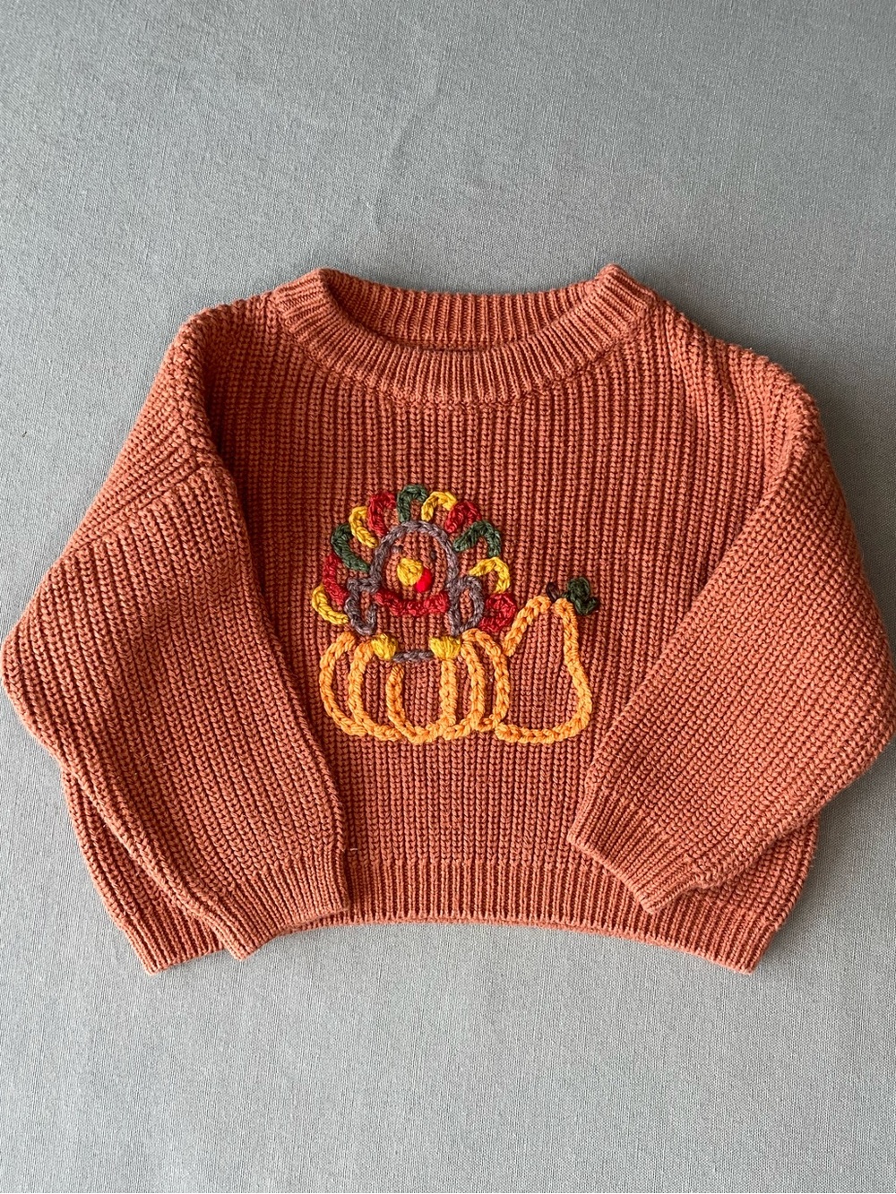 Upcycled Autumn Orange Knit Sweater with Pumpkin Hand Embroidery